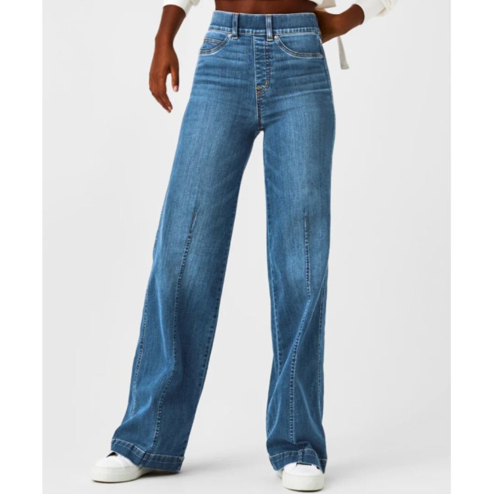 Spanx Seamed Front Wide Leg Jeans Vintage Indigo High-Rise Waist Shapewear Denim